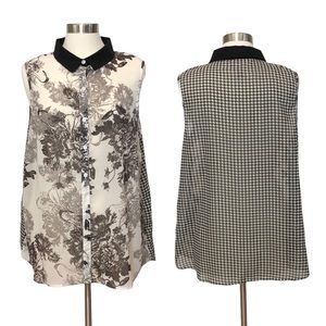 Kenar Sleeveless Floral and Houndstooth Button Down Top New